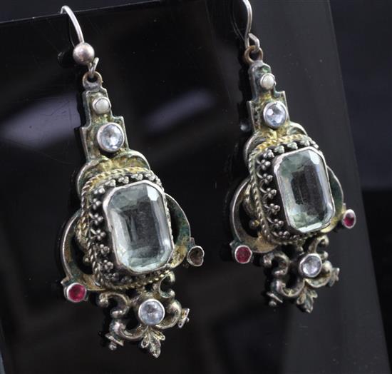 A pair of 19th century Austro-Hungarian parcel gilt silver and aquamarine set drop earrings, drop 1.5in.